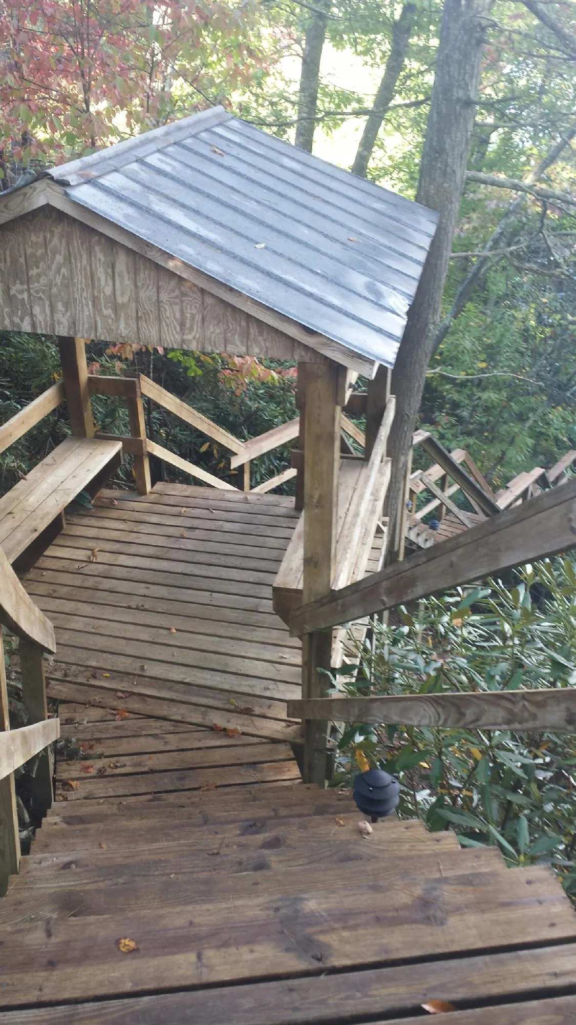 Metal roofed shelter over wooden steps on a wooded walkway — Skylight Repair & Installation work by our crew in Johnsonburg